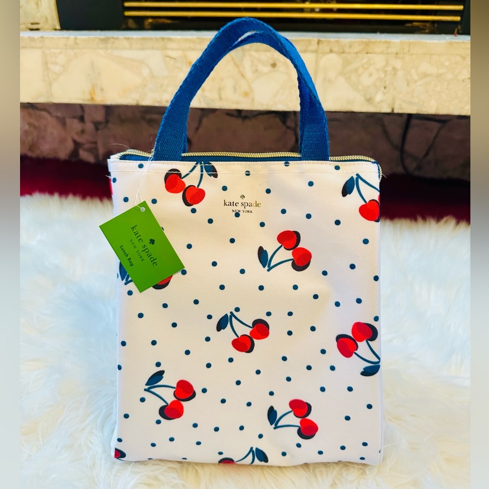 Kate Spade Blue and White Polka Dot Cherry Lunch Bag